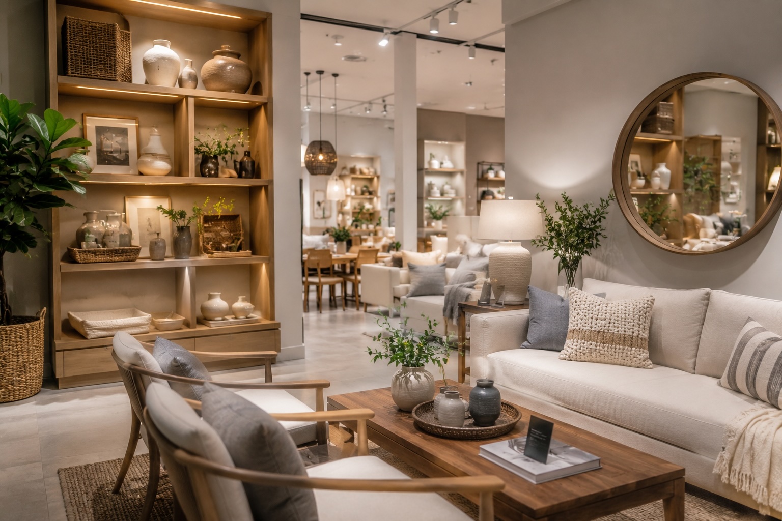 Interior de un local especializado tipo showroom con cliente revisando producto de nicho