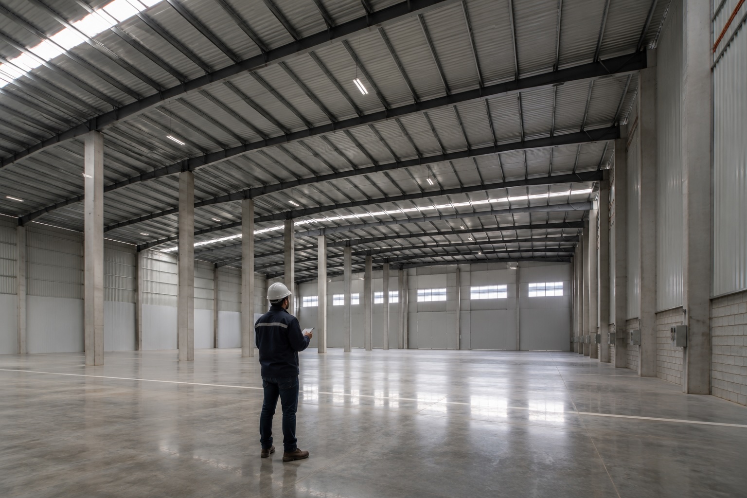 Interior de bodega industrial con racks de almacenamiento