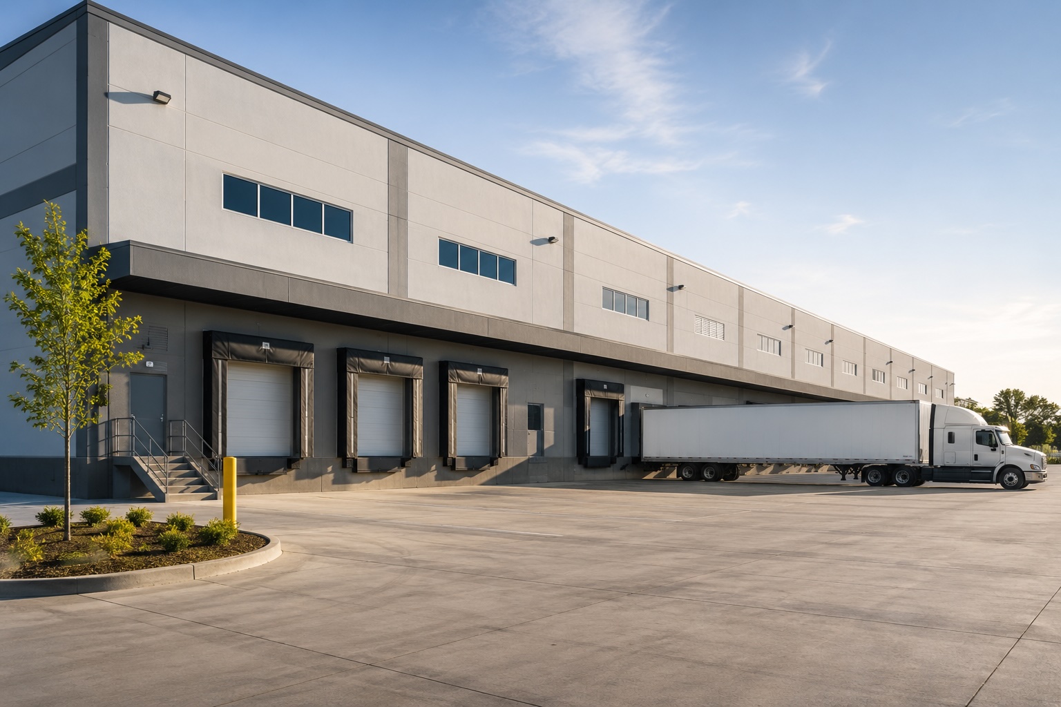 Fachada de bodega industrial con andenes de carga en corredor logístico