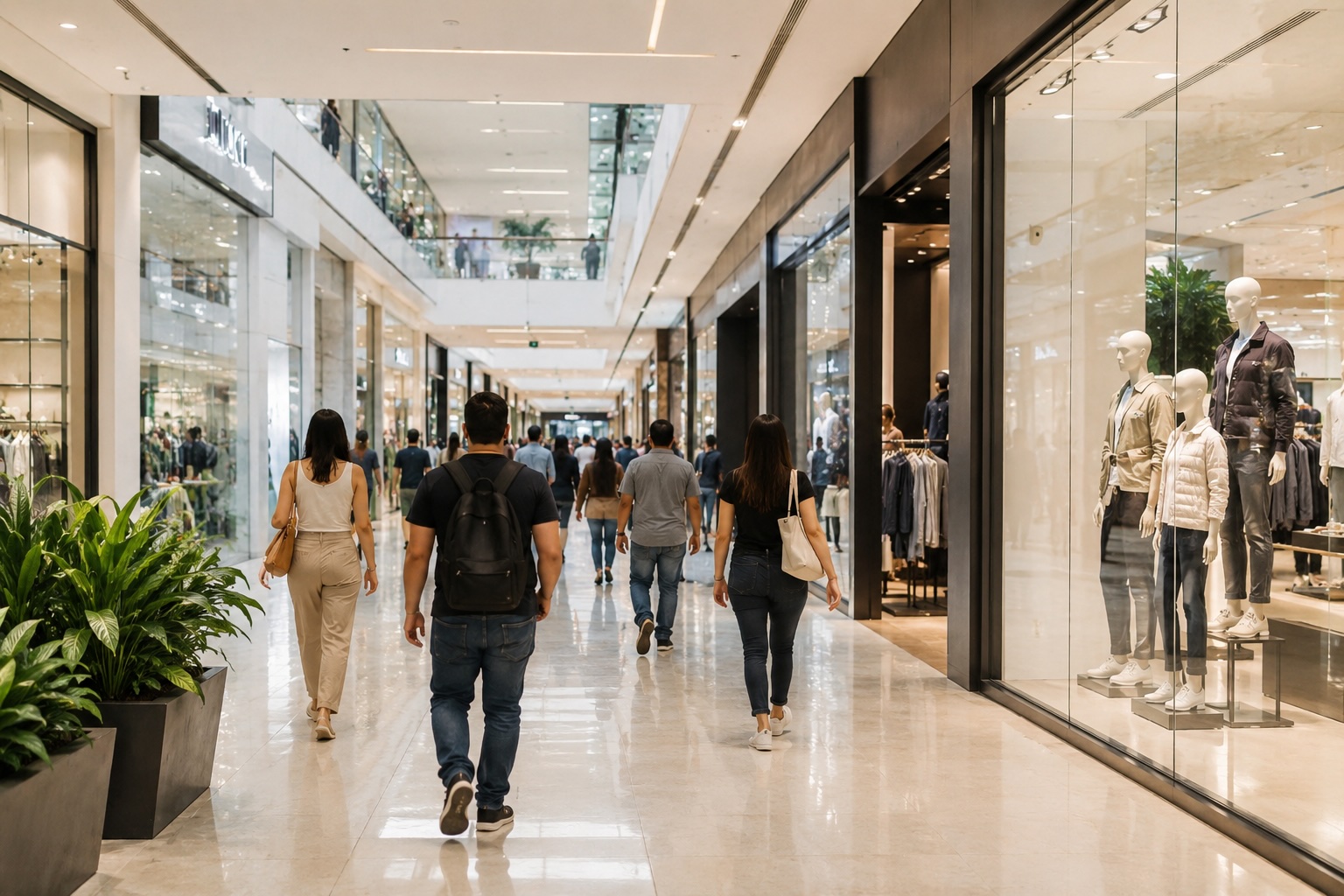 Corredor comercial con tránsito peatonal activo y locales de moda con vitrina en Ciudad de Guatemala