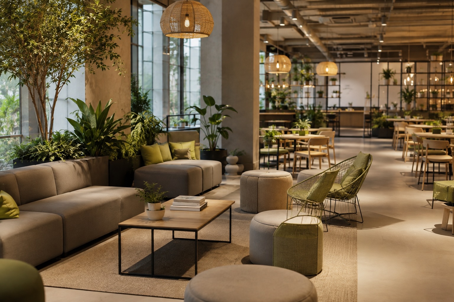 Área de cowork y cafetería dentro de un edificio corporativo