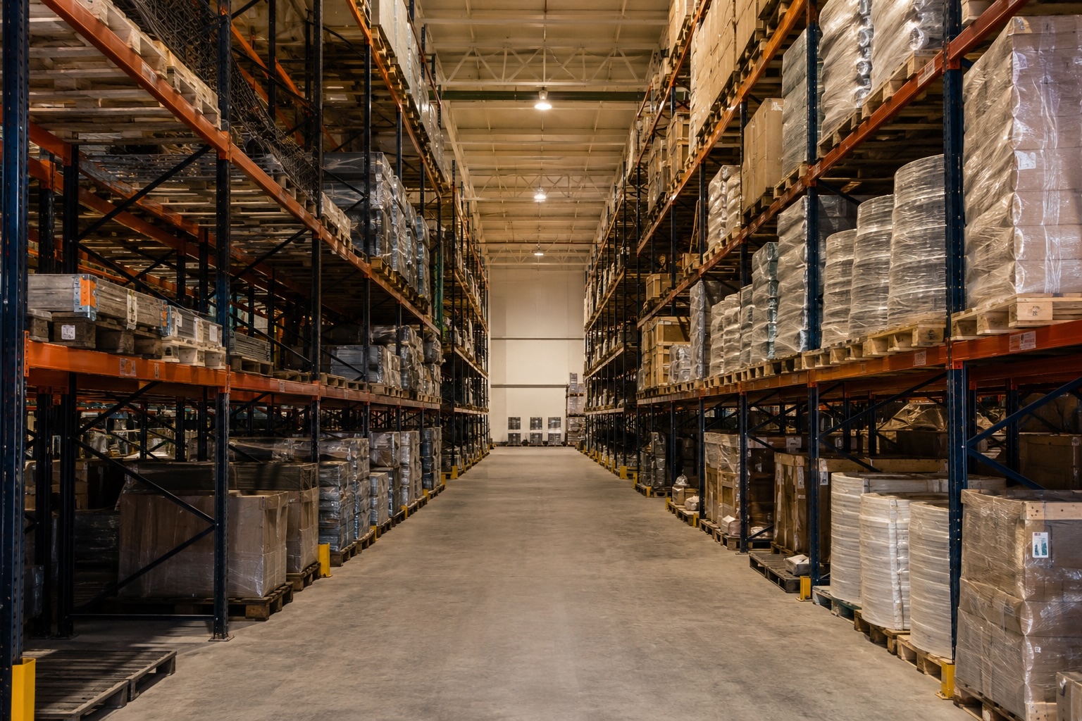Bodega industrial organizada con racks y montacargas